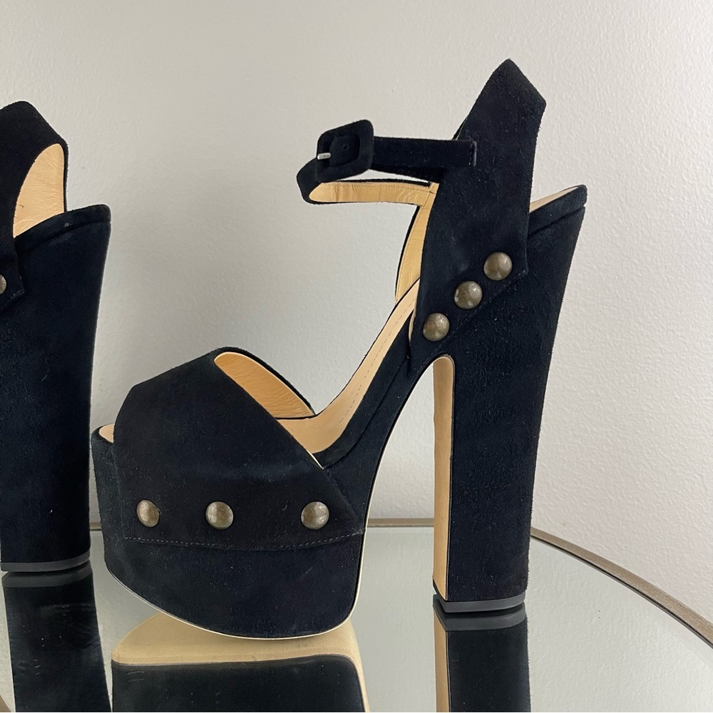 GIUSEPPE ZANOTTI Black Suede Brass Stud Betty Alien Platform Peep Toe Heels - Picture 9 of 14